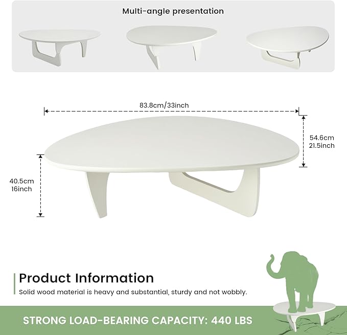 Solid Wooden Modern Triangle Coffee Table: Unique Funky Coffee Tables for Living Room, Oval Mid-Century Irregular Abstract Tea Tables for Patio Office Balcony Bedroom (White, 33" L x 22" W x 16" H)