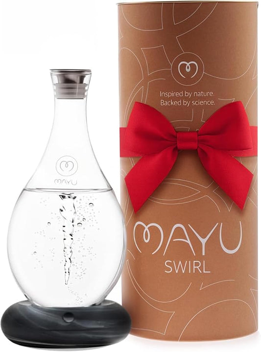MAYU Swirl Structured Water Pitcher - Handblown Glass Carafe 1.5 Liter Design Jug - Dispenser Stand with Innovative Vortex Technology - Great for Reverse Osmosis Filter Users |51 Oz (Onyx Base)