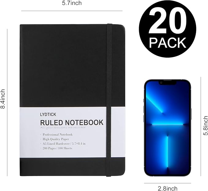 20 Pack Journals for Writing College Ruled Notebooks Journal in Bulk, Hardcover Notebooks (200Pages) for Note Talking, Lined Bullet Journals for Home School Office, 5.7"x8.4", Black