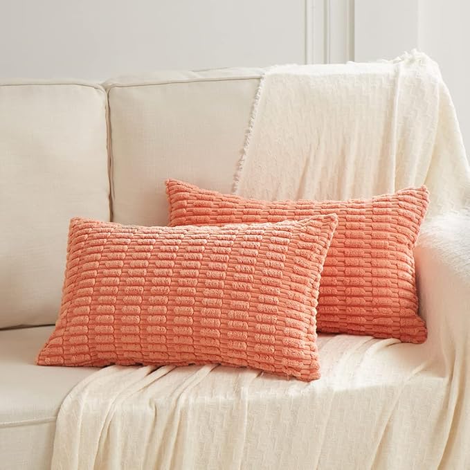 Fancy Homi Pack of 2 Coral Lumbar Decorative Throw Pillow Covers 12x20 Inch for Living Room Couch Bedroom, Soft Corduroy Rectangle Solid Cushion Case 30x50 cm, Rustic Farmhouse Boho Home Decor
