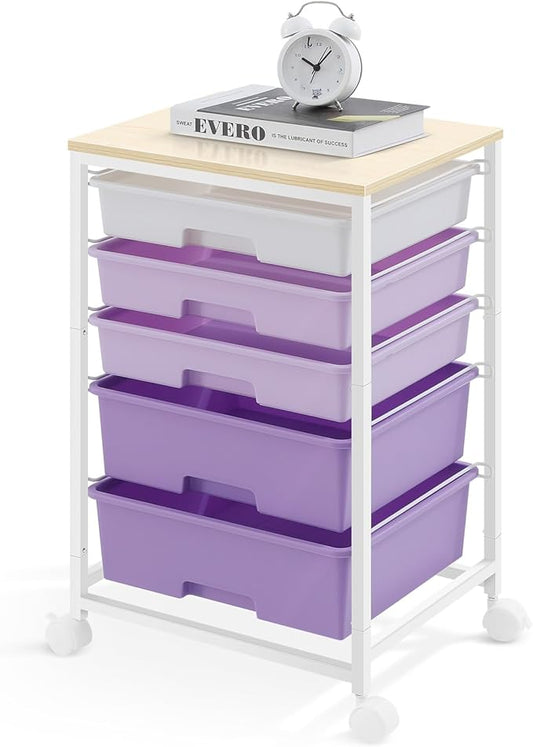 Utility Cart with 5 Drawers,Storage Drawer Cart with Wooden Tabletop and Lockable Wheels,Craft Storage Trolley Cart,5-Tier Rolling Utility Cart on Wheels,Purple