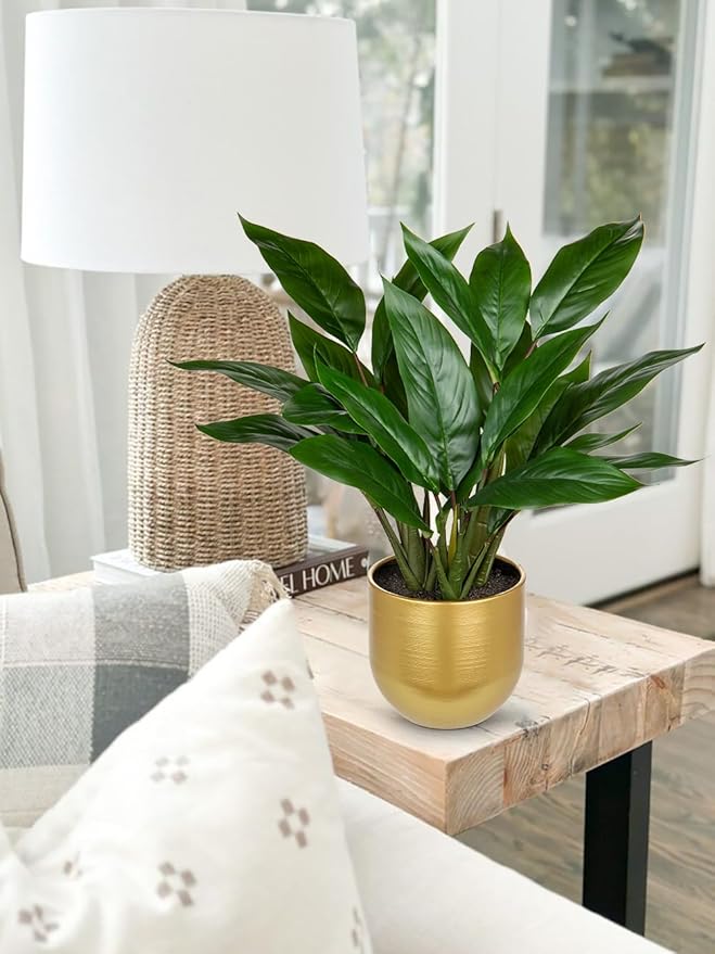 Fake Plants 17'' Faux Plants Artificial Potted Plants Indoor Realistic Fake Cast Iron Plant Artificial Plants with Gold Pot for Home Office Farmhouse Kitchen Bathroom Table Shelf Decor