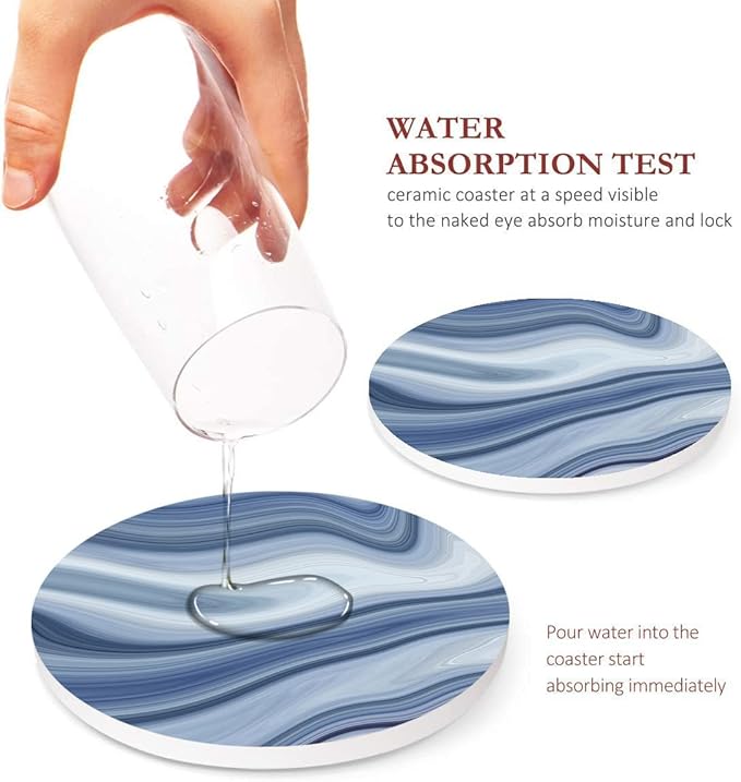 Britimes Coaster for Drinks Set of 6, Vintage Retro Colorful Blue Marble Absorbent Round Ceramic Stone Mat, with Cork Base and Metal Holder, Gift for Housewarming Room Bar Decor