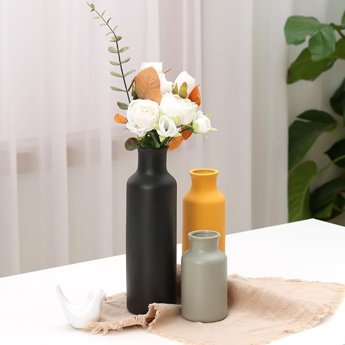 Ceramic Vases Set of 3, Farmhouse Decor Flower Vase for Centerpiece Table Decorations, Boho Decor Vases, Rustic vase in Various Sizes for Living Room,Fireplace, Shelves