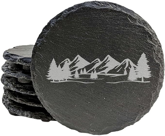Mountain Majesty Slate Coasters with Stunning Mountain Scene Design - Perfect for Home and Office Decor and Protection of Surfaces, Available in Square or Round Coasters - Round Slate - Set of 5