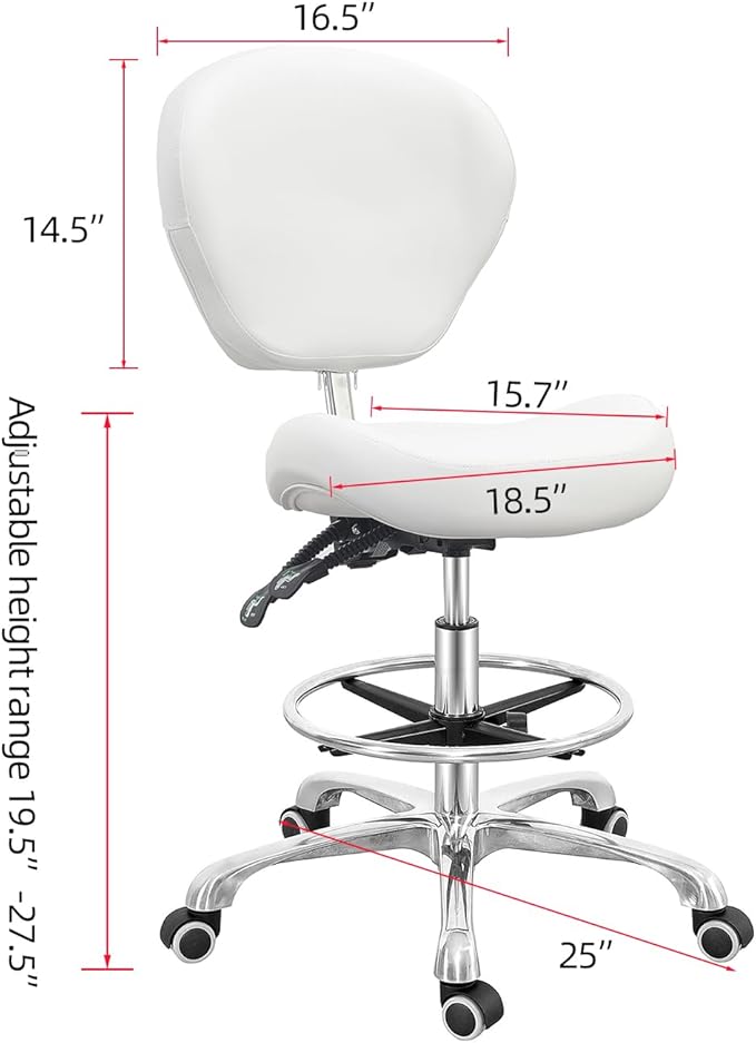 Grace&Grace Drafting Chair Adjustable Tall Shop Stool, Rolling Chair with Backrest and Footrest for Computer, Studio, Workshop, Classroom, Lab, Counter, Home Office (White)