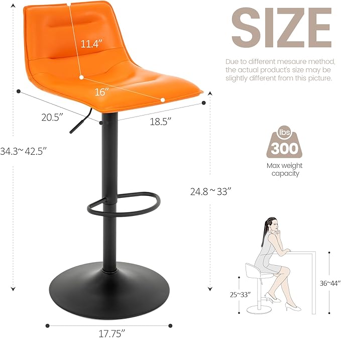 Brage Living Adjustable Bar Stool, Modern PU Leather Swivel Counter Height Barstool with Back, Armless Airlift Curved Bar Chair for Kitchen Dining Cafe, 1 pc (Orange, Black Base)