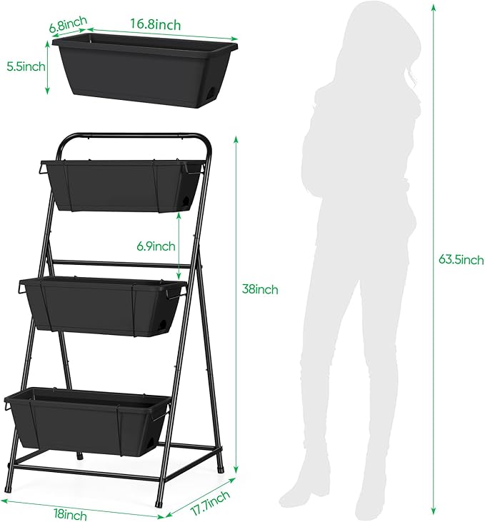 Raised Garden Bed 3 Tier Vertical Garden Planter Elevated Planter Boxes Outdoor Herb Planter with Drainage Holes Removable Tray for Patio Balcony Porch Black
