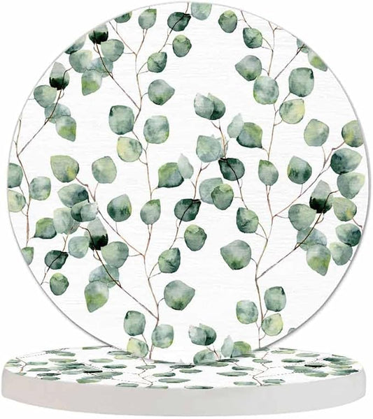 Eucalyptus Round Leaf Coasters Set for Wood Table Green Branches and Leaves Twig Natural Plant Foliage Tabletop Protection Mat for Mugs and Cups 4 Inch for Kitchen Office Home