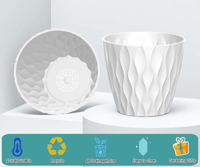 6 Pack 7 Inch Plant Pots with Drainage and Saucers, White Plastic Flower Pots for Indoor and Outdoor Plants, Stackable Nursery Planters for Houseplants and Herbs, White