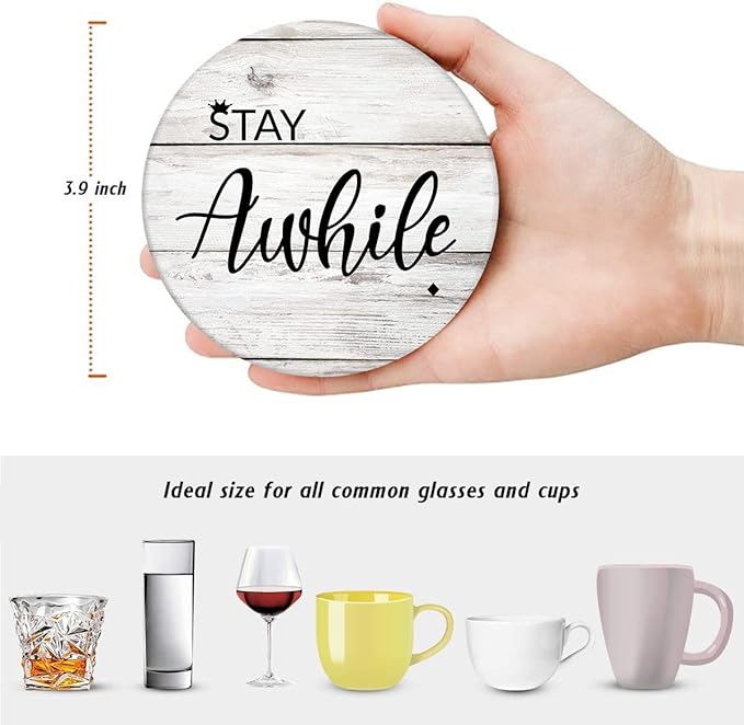 Britimes Coaster for Drinks Set of 6, Wooden Planks Wood Paint Table Absorbent Round Ceramic Stone Mat, with Cork Base and Metal Holder, Gift for Housewarming Room Bar Decor