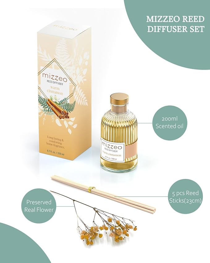 MIZZEO Reed Diffuser Set, Warm Cinnamon 6.76 fl oz Highly Scented Room Diffuser Home Fragrance Essential Oil Reed Flower Diffuser, House Bedroom Office Decor & Gifts