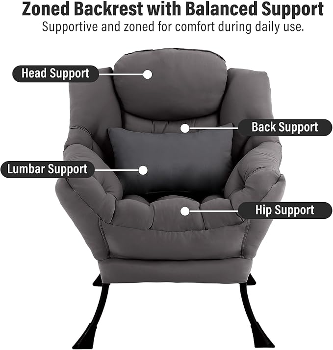 Lazy Chair with Ottoman, Modern Accent Chair with Lumbar Pillow, Comfy Chairs with Folding Footrest for Bedroom, Reading, Oversized Supportive Lounge Chairs(Dark Grey)