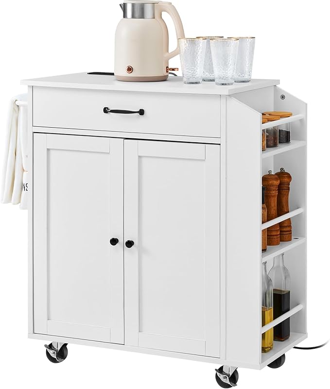 VEVOR Kitchen Island Cart, 32" Mobile Carts with Storage Cabinet, Rolling Table with Power Outlet, Spice Rack, Towel Bar, Adjustable Shelf, Drawer, Dining Living Room Portable Islands on Wheels, White