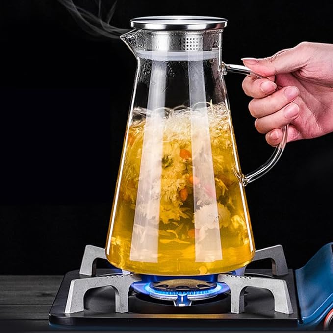 7-Pcs Glass Pitcher Set Jug with 6 Water Glasses Tumbler Cups Lid Carafe Jug with Spout Handle for Hot/Cold Tea Beverage