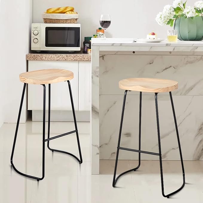 HeuGah Bar Stools Set of 4, Saddle Seat Bar Stools with Metal Legs, Rustic Backless Counter Height Stools, Industrial Counter Stools (Burlywood, 26 Inch)