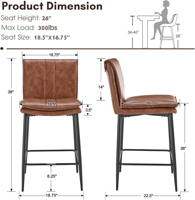 CIMOTA Leather Counter Height Bar Stools Set of 2, Modern 26 Inch Upholstered Barstools with Back and Metal Legs, Comfortable Kitchen Island Chairs, PU Brown