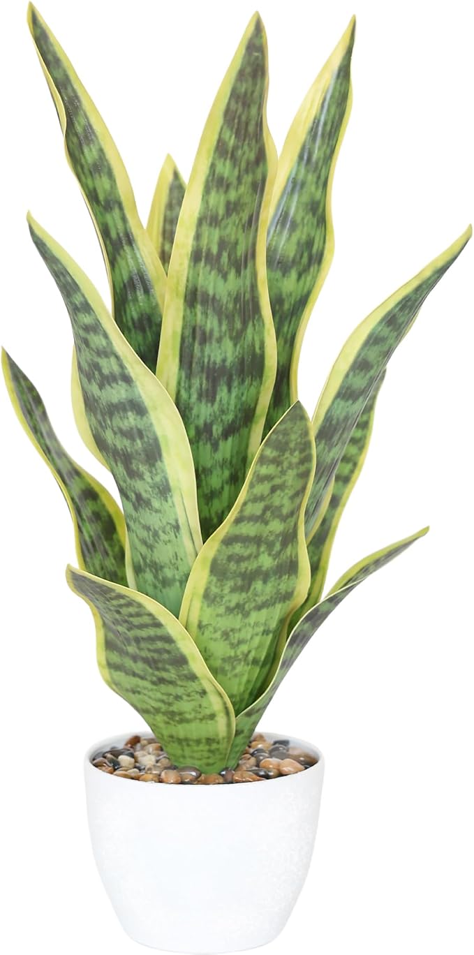 18.5" Artificial Snake Plant Potted,Fake Sansevieria Floor Plant Real Looking with White Planter for Centerpiece Home Decor (Yellow&Green)
