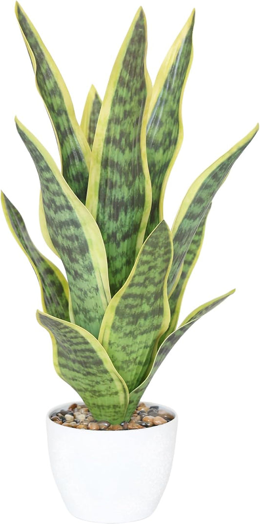 18.5" Artificial Snake Plant Potted,Fake Sansevieria Floor Plant Real Looking with White Planter for Centerpiece Home Decor (Yellow&Green)
