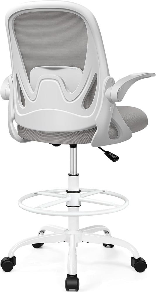 Drafting Chair Tall Office Chair with Flip-up Armrests, Adjustable Height, and Enhanced Lumbar Support - Ergonomic Rolling Stool, Back Support, and Adjustable Foot Rest Ring for Standing Desk Gray
