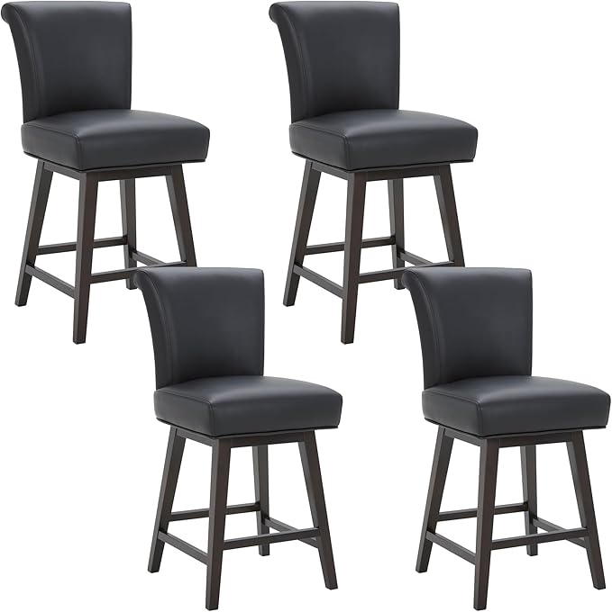 CHITA 26 Inch Counter Height Swivel Bar Stools Set of 4, FSC Certified Modern Upholstered Faux Leather Swivel Barstool Chair with Back, Black