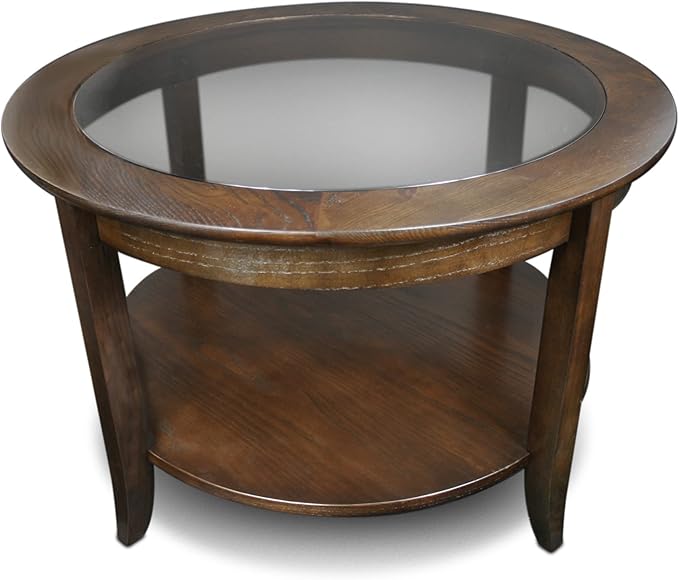 Sheldon Round Glass Top Solid Wood Coffee Table with Shelf, Chocolate Oak Brown – Leick Home, 10037