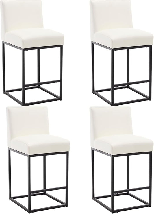 VESCASA Faux Leather 27 inches Counter Height Bar Stools with Padded Back, Modern Upholstered Counter Stool Chairs with Black Metal Frame for Kitchen Island, Set of 4, White