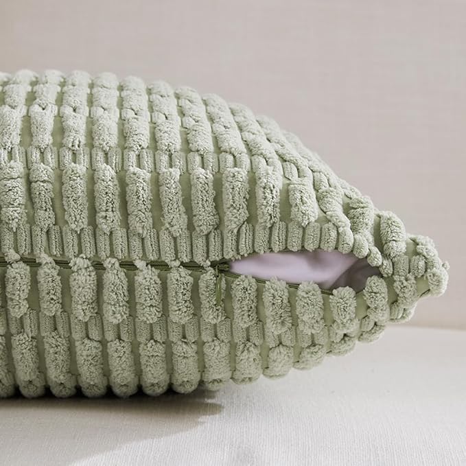 Fancy Homi 4 Packs Sage Green Decorative Throw Pillow Covers 12x20 Inch for Living Room Couch Bed Sofa, Rustic Farmhouse Boho Home Decor Soft Plush Striped Corduroy Square Cushion Case 30x50 cm