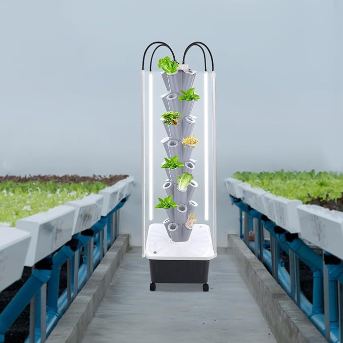 Hydroponic Growing Tower with Grow Lights, 40 Holes Vertical Planter Tower Hydroponics Growing System Kit with Wheels, for Fruits, Vegetables, Herbs and Miniature Greens (Gray)