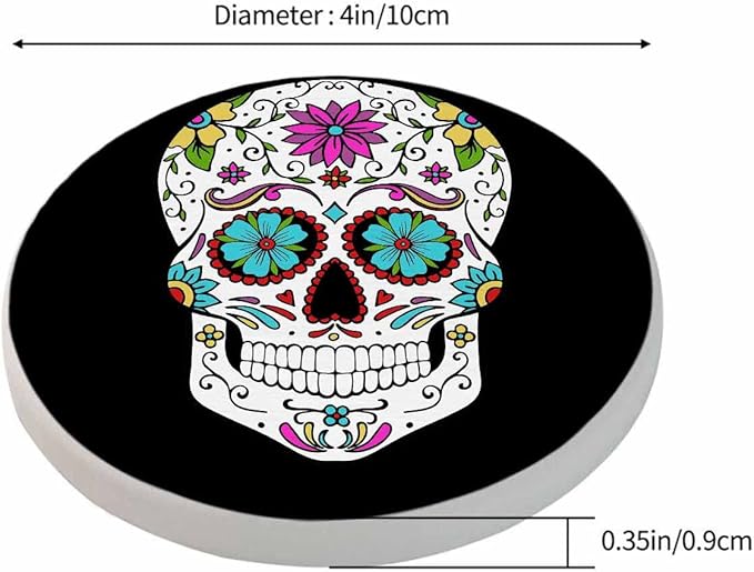 Sugar Skull Round Coaster for Home Coffee Table Human Head Mexican Spooky Skeleton Horror Bone Death Farmhouse Drink Coasters 100% Diatomite 4''X 4''X 0.35'' Printed Pattern