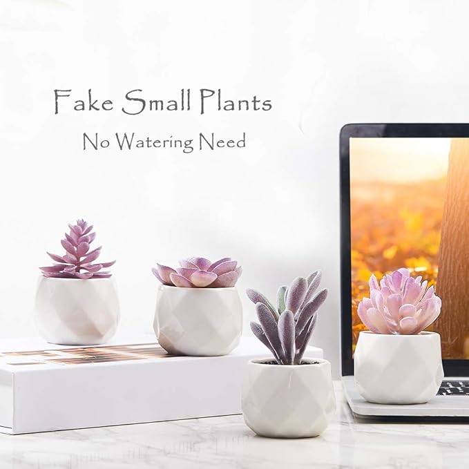 CADNLY Fake Succulent Plant Set - Artificial Desk Plants for Women Desk - Realistic Faux Succulents in Ceramic Pots - Mini Purple Decor for Bedroom Bathroom Office Shelf 4 Pack