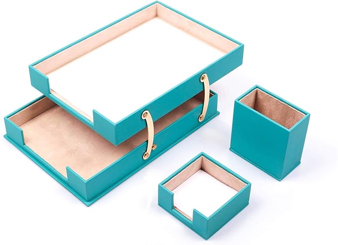 MOOGCO Bonded Set Luxury Leather Desk Pad & Desk Organization Essentials Desk Organizer Leather Desk Organizer (Turquoise)