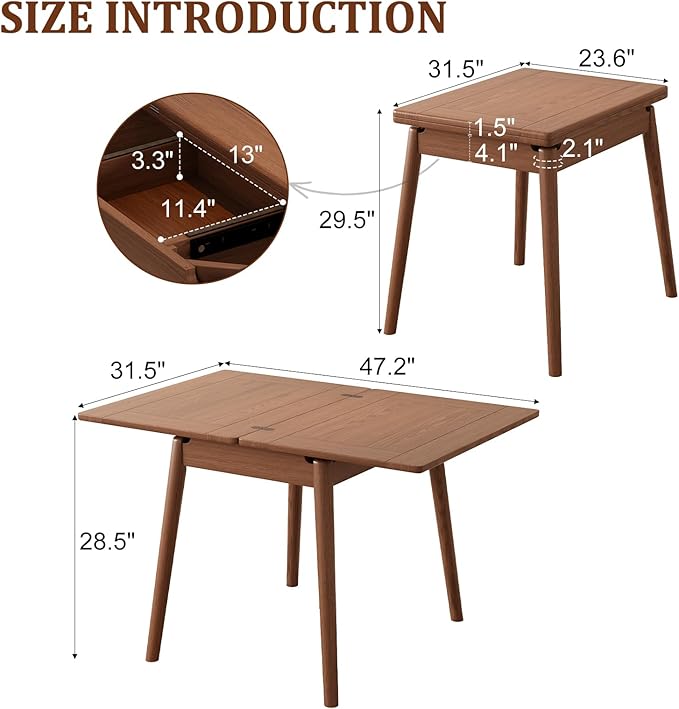 Solid Wood Small Dining Table, 23.6" L-47.2" L Expandable Kitchen Table Designed for Compact Spaces, Easy Assembly, Suitable for Apartment, Kitchen, Dining Room, Living Room (Walnut)