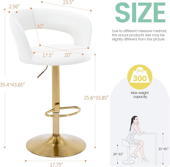 Brage Living Wide Bar Stool, Modern PU Leather Swivel Adjustable Barstool with Hollow Back and Arms, Upholstered Airlift Counter Height Bar Chair for Kitchen Dining (Pearl White, Gold Base)