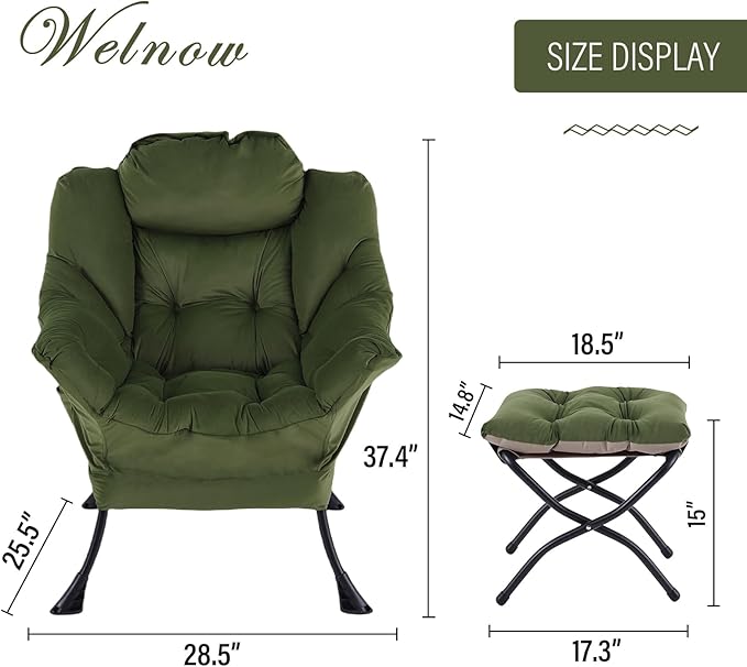 Welnow Lazy Chair with Ottoman, Modern Reading Lounge Accent Chair with Armrests and a Side Pocket, Leisure Upholstered Lazy Sofa Set with Footrest for Small Space, Army Green
