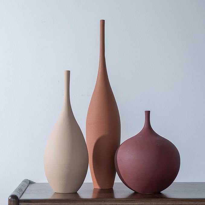 Ceramic Modern Vase Set of 3 Farmhouse Decorative Vase Minimalist Aesthetic Vases for Centerpieces Matte Ribbed Vases for Home Decor Table Entryway Living Room (Brown+Khaki+ Dark Red)