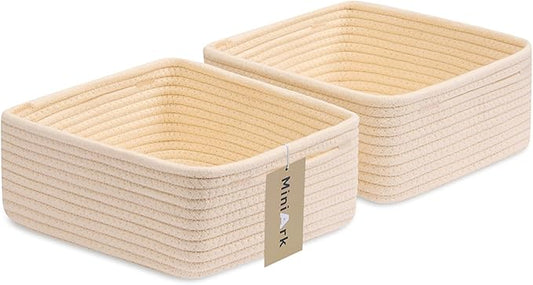 Small Square Shallow Baskets for Organizing, 9.7x9.7x4.3 Inch Rope Woven Storage Bins for Cubes Closet, Shelves Storage, Boho Decorative Basket, 2 Packs Beige