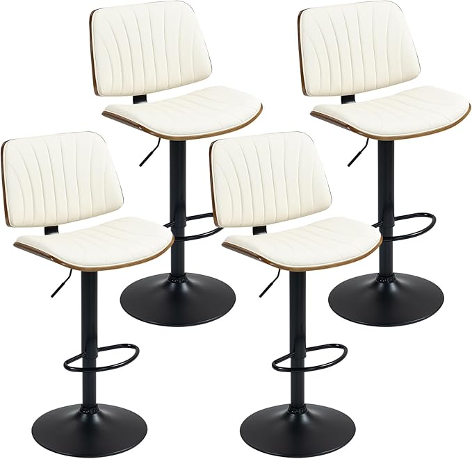 ECOTOUGE Bar Stools Set of 4, Adjustable Bar Stools for Kitchen Island with Back and Leather Seat, Swivel Barstools for Kitchen Counter, Bar Dining Chairs, Ivory White/Beige