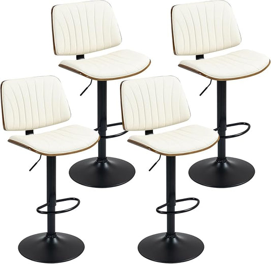 ECOTOUGE Bar Stools Set of 4, Adjustable Bar Stools for Kitchen Island with Back and Leather Seat, Swivel Barstools for Kitchen Counter, Bar Dining Chairs, Ivory White/Beige