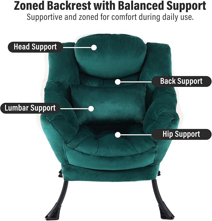 Lazy Chair with Ottoman, Modern Accent Chair with Lumbar Pillow, Comfy Chairs with Folding Footrest for Bedroom, Reading, Oversized Supportive Lounge Chairs(Velvet Dark Green)