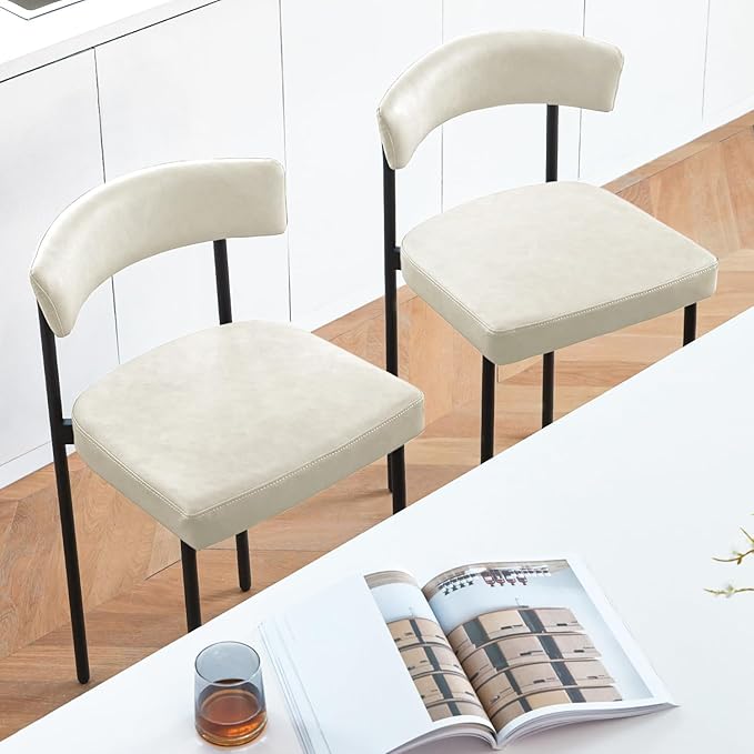 Beige Modern Bar Stools Set of 2, 24 Inch Faux Leather Counter Stools with Curved Backrest, Counter Height Bar Stool for Kitchen Island