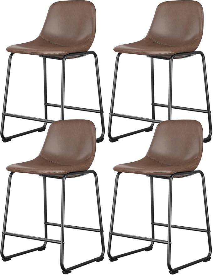 Rfiver Pu Faux Leather Bar Stools Set of 4, Industrial Pub Barstools with Back and Footrest, Modern Armless Bar Height Stool Chairs (Brown, 24" Counter Chair x4)