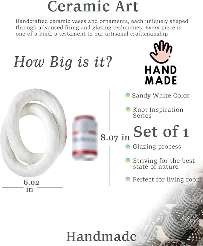 UPWOIGH White Knot Inspired Modern Ceramic Decor,8.07x6.02x8.07 in Large Minimalist Coffee Table Decor,Big Handmade Boho Ceramic Link Chain Decorative Home Décor for Living Room