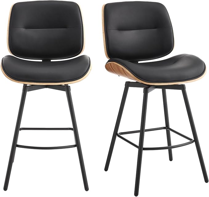 Mid Century Modern Counter Stools Set of 2, 27" Swivel Bar Stools with Metal Legs, Faux Leather Upholstered Bar Chairs with Footrest for Kitchen Island & Dining Tables, Black