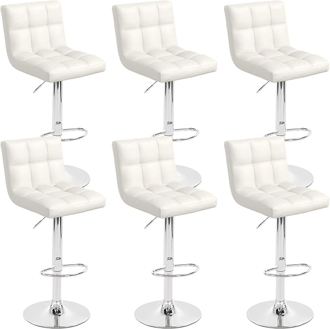 Modern Counter Height Bar Stools Set of 6, Armless Adjustable Swivel Square Bar Chairs Kitchen Barstools with PU Leather and Large Base for Dining Room/Island(White)