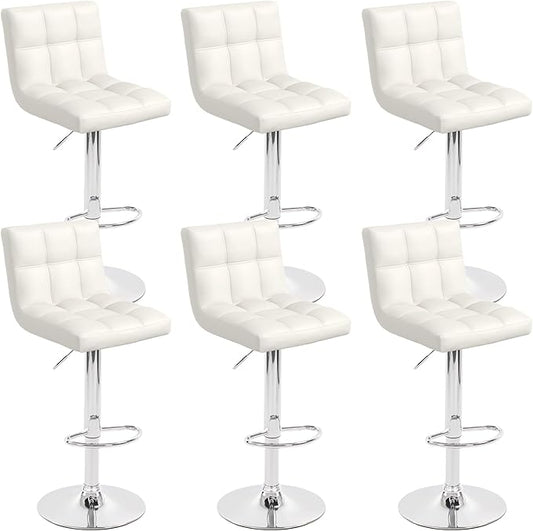 Modern Counter Height Bar Stools Set of 6, Armless Adjustable Swivel Square Bar Chairs Kitchen Barstools with PU Leather and Large Base for Dining Room/Island(White)