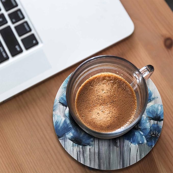 Blue Art Poppy Flowers Anti Slip Coasters Watercolor Oil Painting Beautiful Floral Cups Place Mats for Table Home Decor 4 Inches Living Room Kitchen Coffee Table,2 Pcs