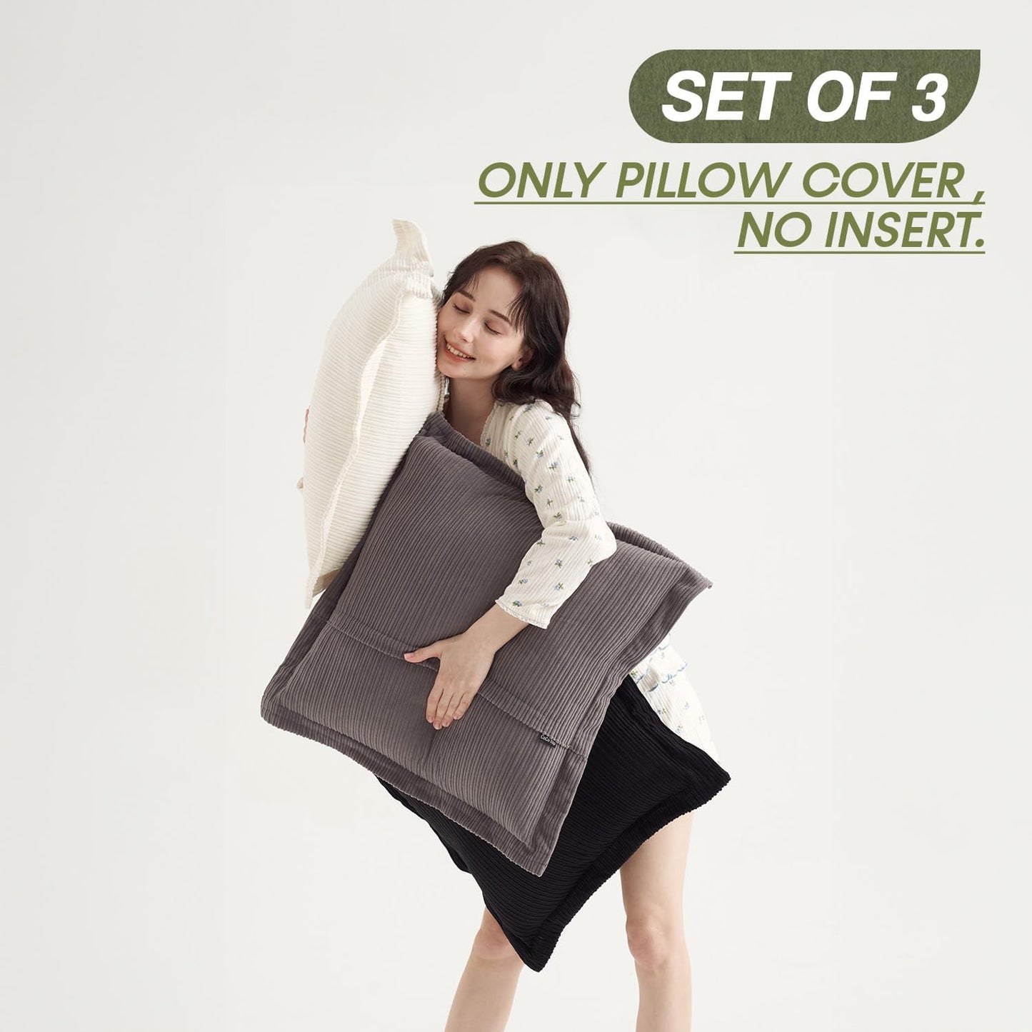 Pack of 3 Throw Pillow Covers 18x18inch, Boho Striped Corduroy Neutral Soft Pillow Cases for Modern Farmhouse Home Decor Cozy Living Room Bedroom Loung(Classic Black, White & Grey)