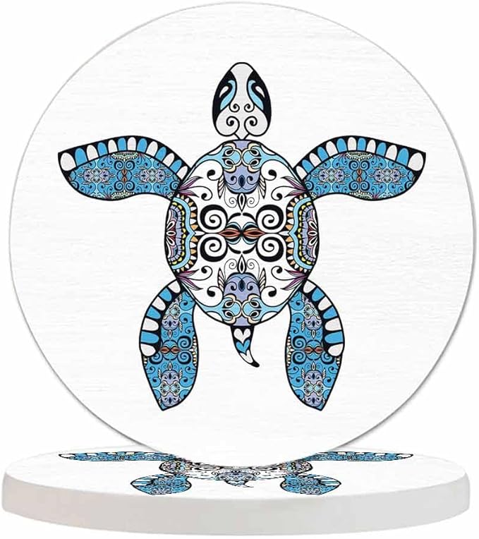 Cartoon Turtle Coasters Set for Wood Table Floral Geometric Pattern Ocean Animal Tribal Boho Paisley Tabletop Protection Mat for Mugs and Cups 4 Inch for Kitchen Office Home