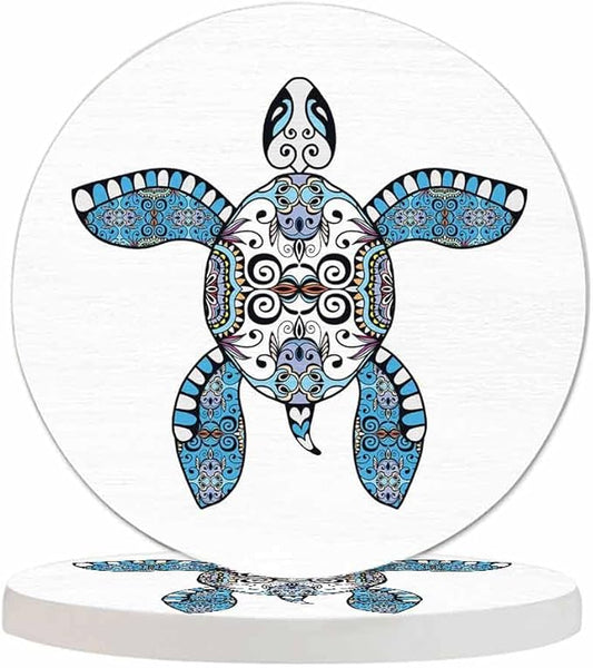 Cartoon Turtle Coasters Set for Wood Table Floral Geometric Pattern Ocean Animal Tribal Boho Paisley Tabletop Protection Mat for Mugs and Cups 4 Inch for Kitchen Office Home